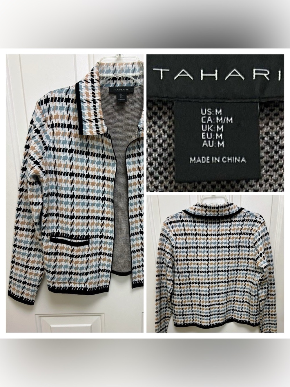 Tahari Houndstooth Knit Open Front Sweater Jacket with Black Trim -Cardigan